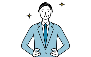 両手を腰に当てたシニアビジネスマン、経営者・管理職・社長のシンプルな線画イラスト