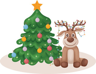 Obraz na płótnie Canvas Deer near the Christmas tree. Christmas illustration with the image of a cute deer sitting near a decorated Christmas tree. A deer with garlands on its horns. Vector illustration