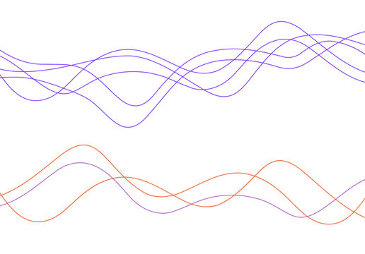 Lines curve waves as sound wavy pattern energy flow color vector design element or simple random thin strokes background for technology red blue purple graphic, swoosh curly dynamic scribble image