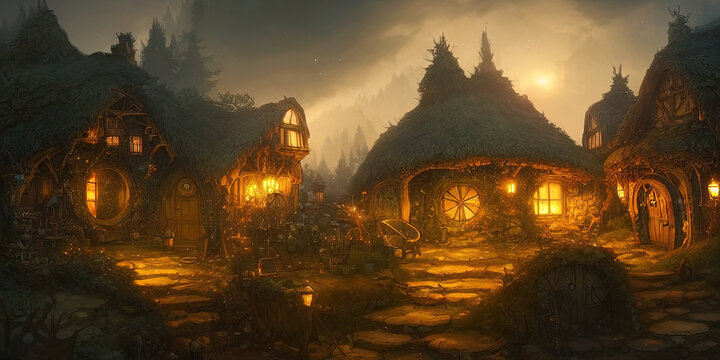 night scene of a hobbit village