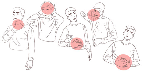 Man with inner pain. Headache, pain in the ears, neck, stomach, liver and other internal organs. Doodle hand drawn vector. Set