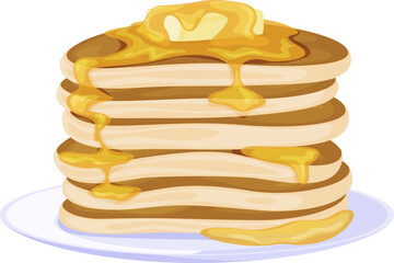 Pancakes with butter stack serving on plate vector flat baking breakfast homemade dessert