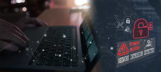 Digital business and technology concept, virtual screen showing data breach and network intrusion.