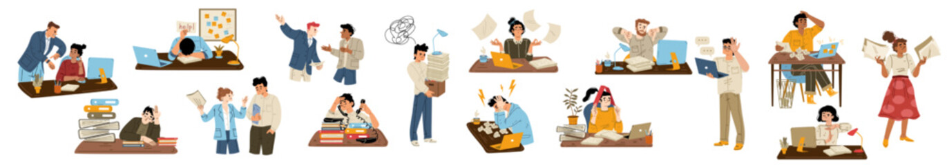 Set of annoyed people at work flat vector illustration on white. Scenes with office employees tired of stressful job, colleagues having conflict, angry boss yelling, man fired, woman suffering burnout - obrazy, fototapety, plakaty