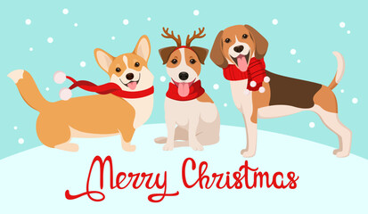 Fototapeta premium Christmas greeting card with dogs. Vector illustration. 