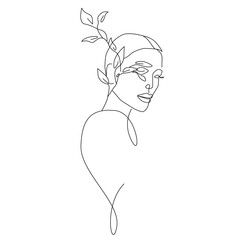 Woman with Leaves Line Art Drawing. Abstract Minimal Female Face and Leaves Continuous One Line Drawing. Woman Floral Illustration. Female Modern Trendy Contour Drawing. Vector EPS 10. 