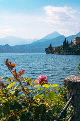 Spectacular view of Lake Como and Alpine mountains from the botanical garden of legendary Villa Monastero in Varenna, Province of Lecco, Italy.