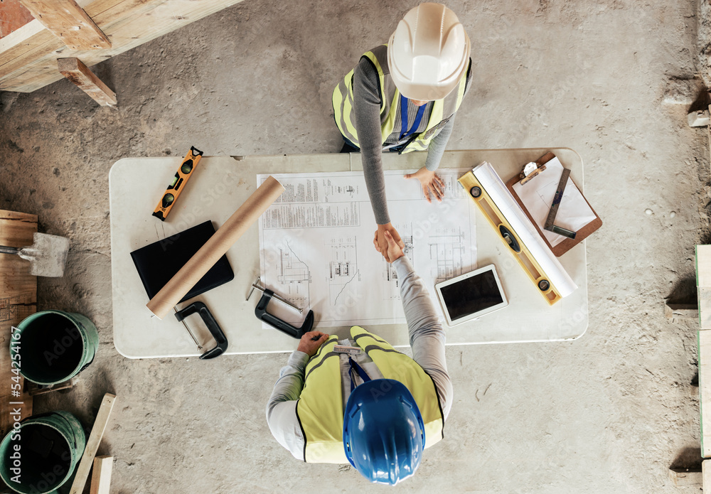Poster architect, handshake and thank you for construction, blueprint and collaboration on building design.