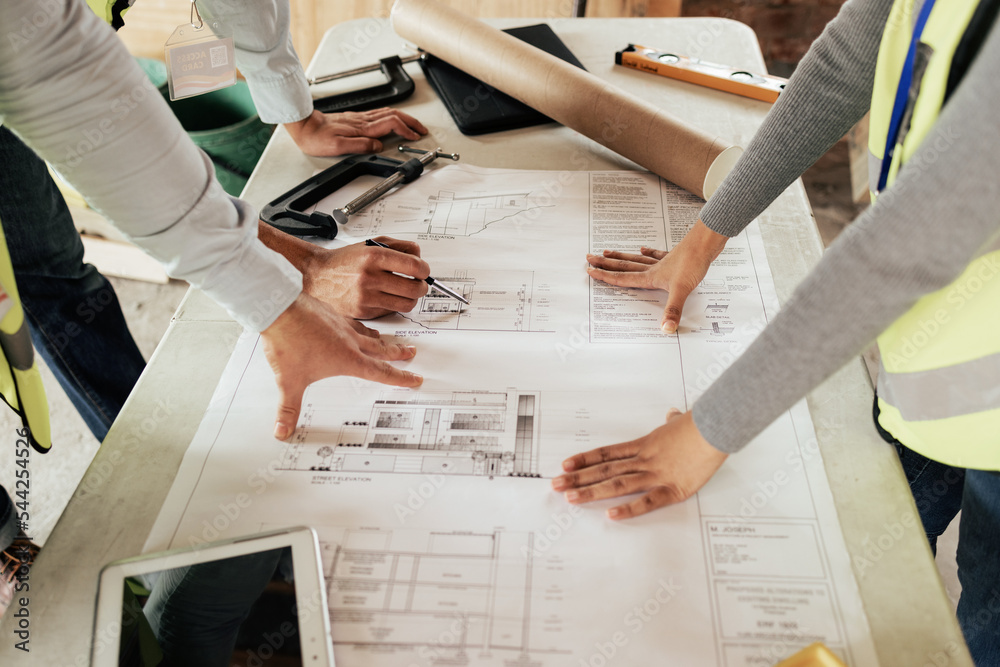 Aufkleber Architect team planning, hands collaboration and blueprint paper, strategy and building designers working on floor plan. Creative workers with teamwork and architecture design in corporate work table