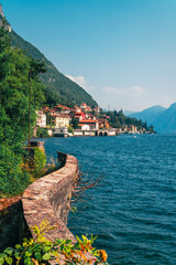 Stunning view of Lake Como and the Bellagio peninsula visible from the botanical garden of legendary Villa Monastero in Varenna, Province of Lecco, Italy.