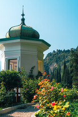 Beautiful old chapel in the botanical rose garden of the famous Villa Monastero in Varenna, Lake Como, Province of Lecco, Italy.