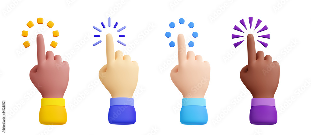 Poster multiethnic hands pushing button with different color sleeves and loading effects isolated on white 