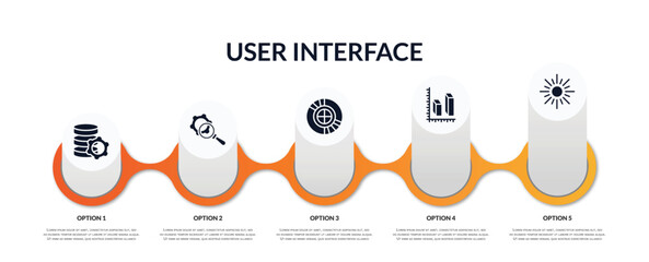 set of user interface filled icons with infographic template. flat icons such as data analytics tings, searching tings interface, pie chart circular interface, 3d data analytics dual bars, scatter - obrazy, fototapety, plakaty