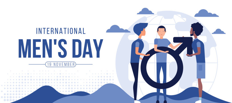 International Men's Day - A Group Of Men Charector Helping To Lift Male Symbol On Globe Background Vector Design