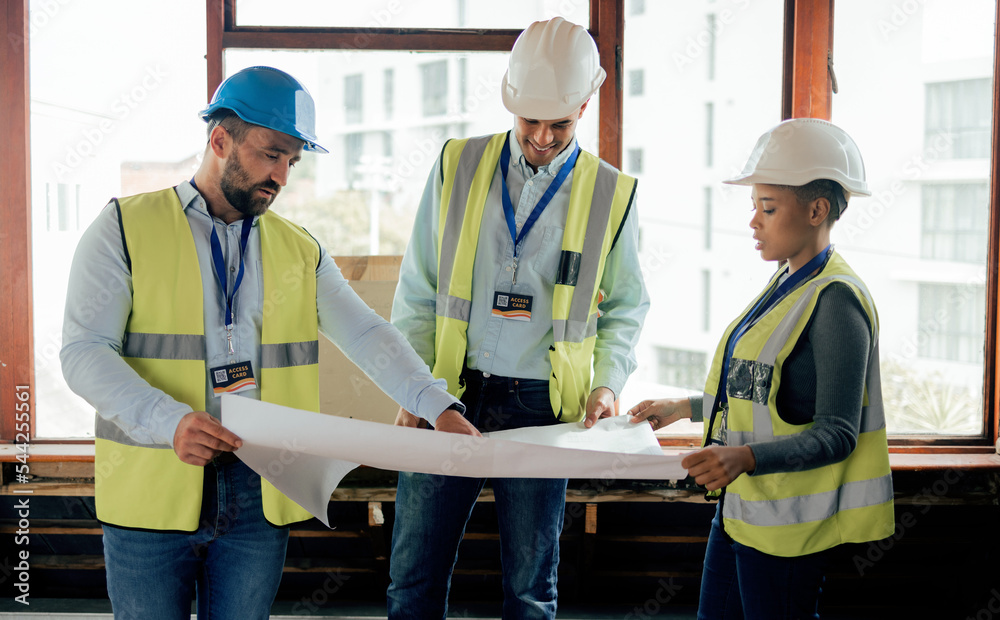 Poster Blueprint, planning and construction worker, architect and engineer with paper, strategy and teamwork for building design. Architecture team talking, maintenance and strategy for development project