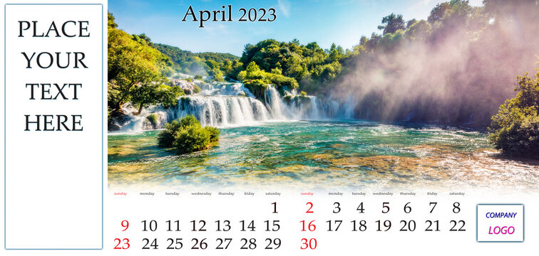 April 2023. Desktop monthly calendar template with place logo and contact information. Set of calendars with amazing landscapes. Spring view of Skradinski Buk waterfall,  Krka National Park, Croatia.