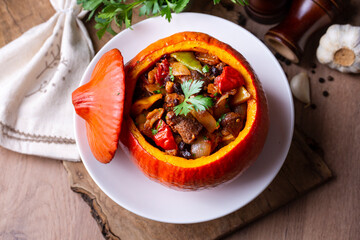 Stuffed pumpkin stew with meat and vegetables