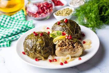 Traditional Turkish food; stuffed artichokes, stuffed artichokes. Turkish name; enginar canaginda sarma - dolma