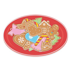 Christmas ginger cookies on a plate, color vector illustration in cartoon style