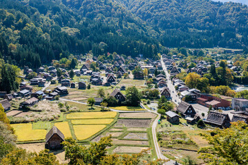 Shirakawa Historical Japanese. Shirakawago village in autumn from aerial view. House build by wooden with roof gassho zukuri style. Shirakawa-go is Unesco world heritage and landmark spot in Japan