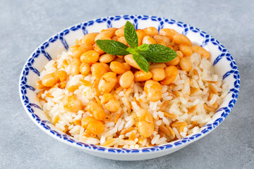 Traditional Turkish cuisine. Kuru Fasulye . Haricot Beans, rice and beans (Turkish name; pilav ustu kuru fasulye)