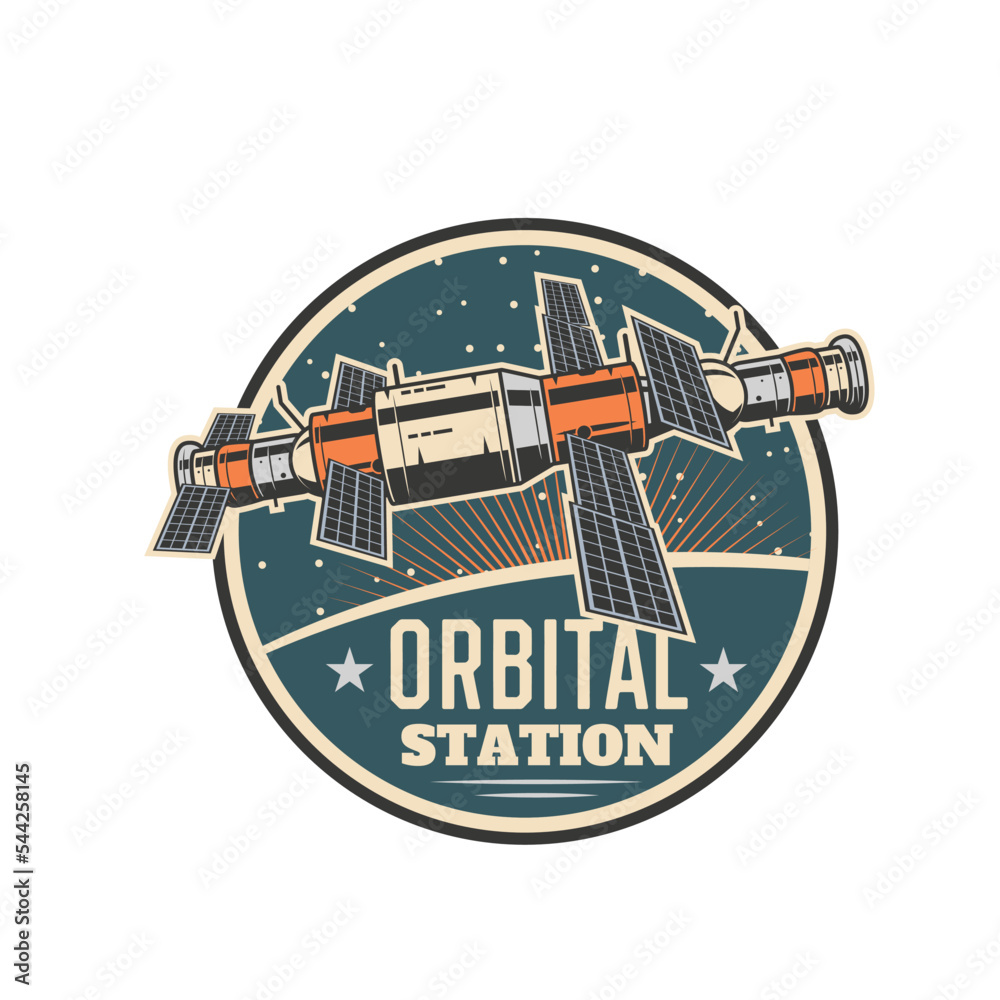 Poster cosmodrome icon, orbital station spaceship in outer space, galaxy research satellite, vector symbol.
