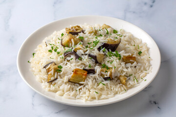 Traditional Turkish food; Eggplant rice pilaf. Turkish name; Patlicanli pirinc pilavi