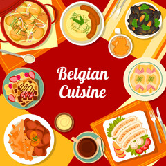 Belgian cuisine menu cover for restaurant food meals, Belgium traditional dishes, vector. Belgian cuisine lunch or dinner and pastry meals, triple sausage with beer steamed mussels and mashed potato