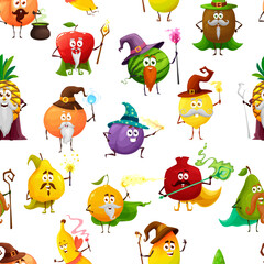 Cartoon fruit wizard, mages, warlocks and magician characters seamless pattern. Vector background with apple, watermelon, kiwi, orange or plum, garnet, banana, pear, lemon and pineapple, quince, mango