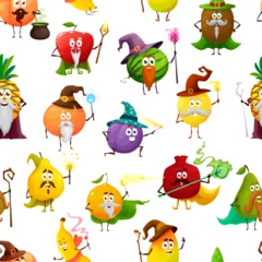 Fotobehang Cartoon fruit wizard, mages, warlocks and magician characters seamless pattern. Vector background with apple, watermelon, kiwi, orange or plum, garnet, banana, pear, lemon and pineapple, quince, mango © Vector Tradition