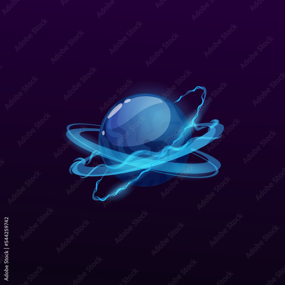 Poster blue glossy space planet with lightnings rings. sci-fi game user interface vector icon with cartoon 