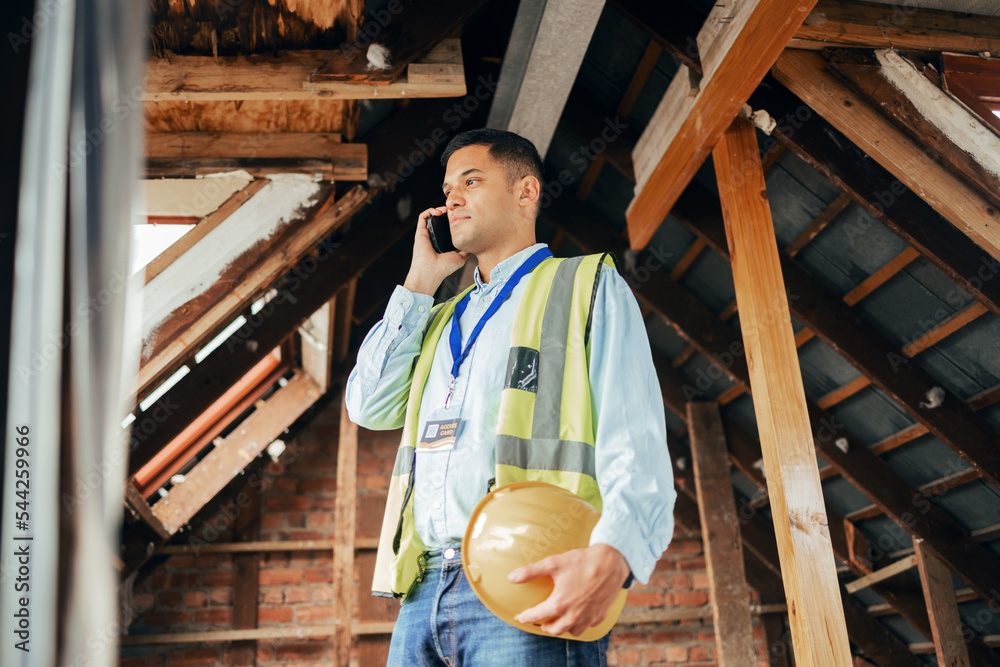 Aufkleber Engineering, phone call and man at a construction site working on an architectural project. Smartphone, architecture and industry worker on a mobile conversation while doing maintenance on a building