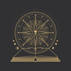Occult pentagram, skull and spell book for magic tarot and esoteric vector symbol. Occultism, magic and witchcraft ritual cult sign of skull in hexagram star with sun and moon constellation circle