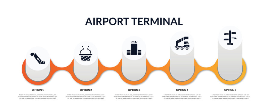 Set Of Airport Terminal Filled Icons With Infographic Template. Flat Icons Such As Or Up, Duty Free Basket, Control Check, Gangway Truck, Trip Vector.