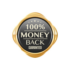 Money back golden badge and customer satisfaction label. Shop special offer golden sticker or badge, money back guarantee glossy metal vector stamp or label. Money return service tag or gold icon
