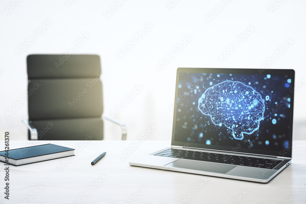 Poster modern computer monitor with creative artificial intelligence symbol. neural networks and machine le