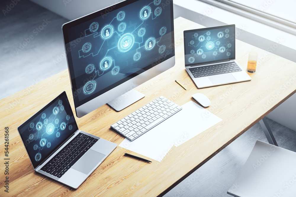 Poster Modern computer screen with social network media concept. 3D Rendering