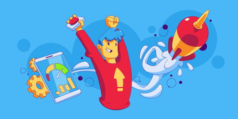 Boost traffic business and social media concept with contemporary character optimize internet connection speed quality launch rocket up in air, progress, growth, Linear cartoon vector illustration