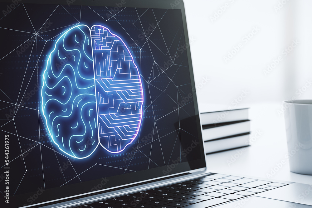 Aufkleber creative artificial intelligence concept with human brain sketch on modern laptop monitor. 3d render