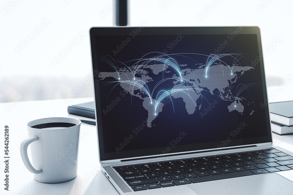 Aufkleber Modern computer monitor with abstract digital world map with connections, research and strategy concept. 3D Rendering