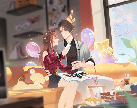 Anime Couple Smiling Looking At Their Photo Album With Celebrating Birthday While Sitting On Sofa At Home Background Digital Illustration