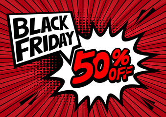 50 Percent OFF Discount on a Comics style bang shape background. Abstract vector black Friday vector illustration. halftone dot versus comic.  Pop art comic discount promotion banners.