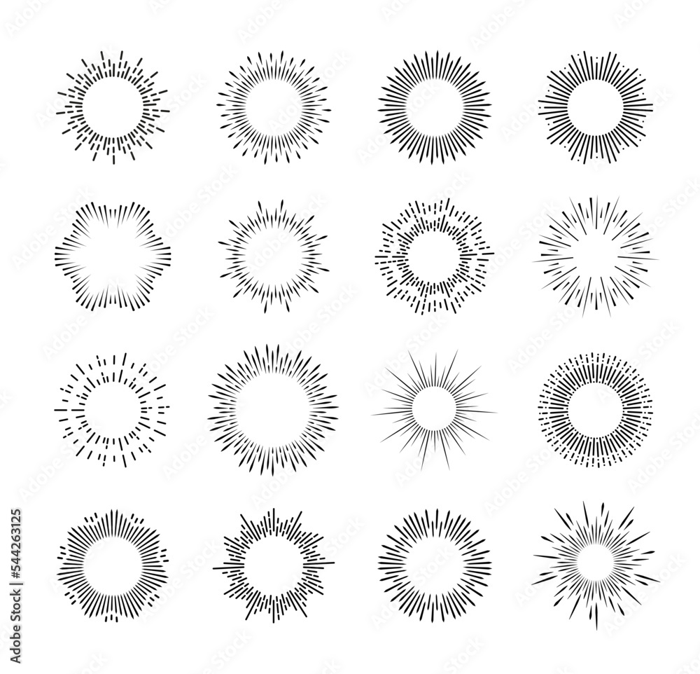 Poster sunburst and star burst, explosion line patterns. firework, light sparkle thin line vector rays. spa