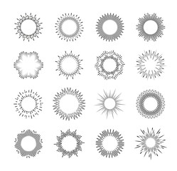 Sunburst and star burst, explosion line patterns. Firework, light sparkle thin line vector rays. Space star energy burst symbols, explosion flare particles or magic spell glow beams