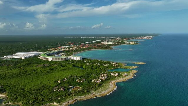 Aerial view of resorts on the coastline of Xpu-Ha, Mayan Riviera, sunny Mexico