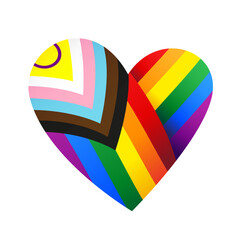Ribbon in the form of an LGBT flag in the shape of a heart. LGBTQIA + symbols. Rainbow flag. An international symbol of the lesbian, gay, bisexual and transgender community. - obrazy, fototapety, plakaty