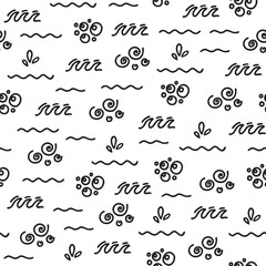 Seamless monochrome pattern on a white background. Waves, drops and bubbles.