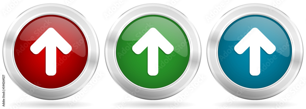 Poster Up arrow, upload vector icon set. Red, blue and green silver metallic web buttons with chrome border