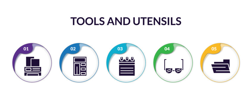 set of tools and utensils filled icons with infographic template. flat icons such as blank paper and printer, printing calculator, telephone agenda, reading glasses, tray for papers vector.
