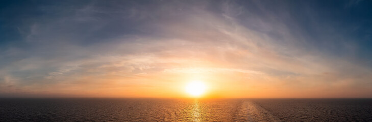 Dramatic Colorful Sunset Sky over Mediterranean Sea. Cloudscape Nature Background. Panorama